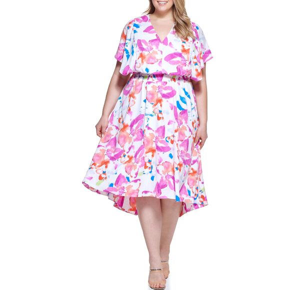 DKNY Plus Size Flutter Sleeve Smock Dress Flamingo 18W